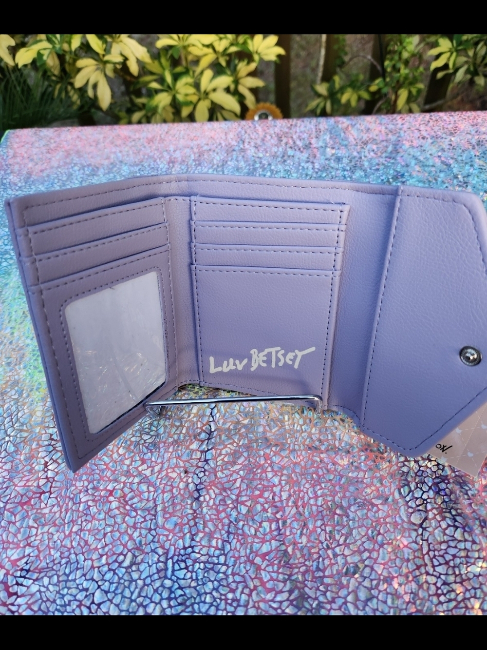 Lavender Embossed Heart Compact Wallet By Betsey Johnson - Picture 4 of 7